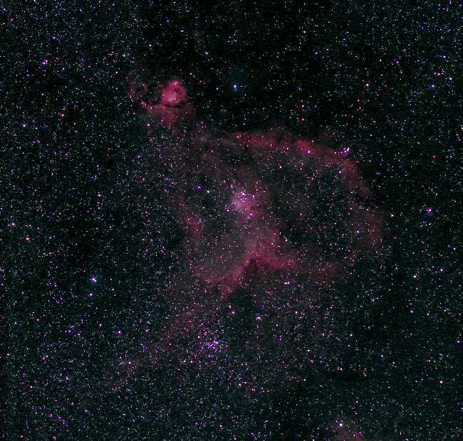 IC1805 - Heart neb; mag 6.5; size 20x20'; 40-min (90sec subs); 60Da; ISO3200; Canon 200mm lens @f/4; 9-5-13; Cherry Springs
