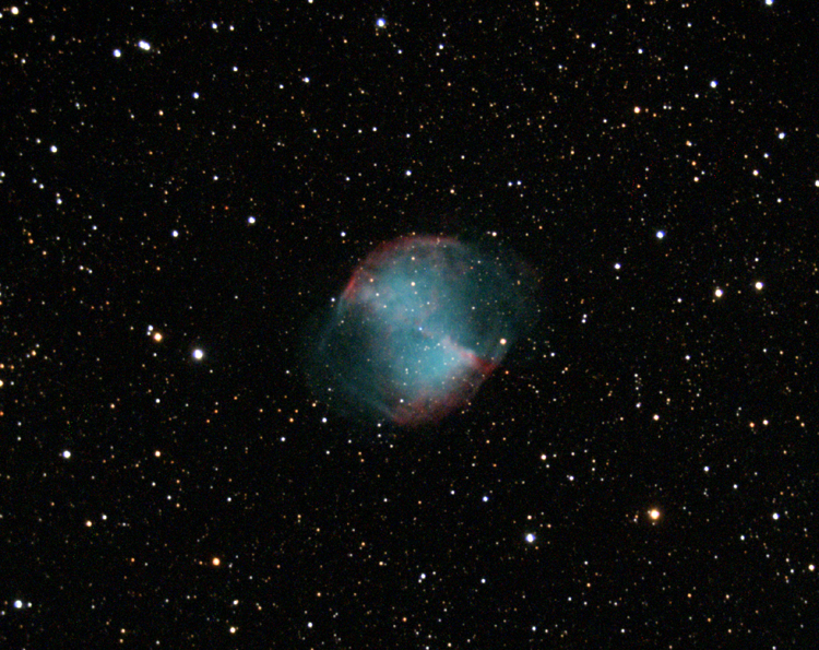 M27; mag 7.4; size 6.7x6.7'; 60Da no filter; ISO 3200; exp 5.5min (22x15s subs); CGEM unguided; C8 @f/4.2; Belleplain 10-19-17